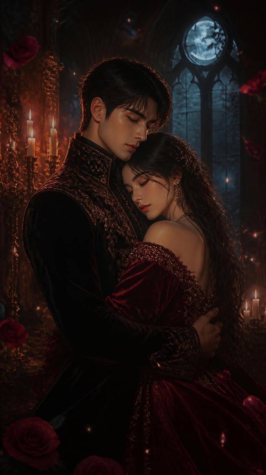 A young couple in dark velvet holding each other close by candlelight