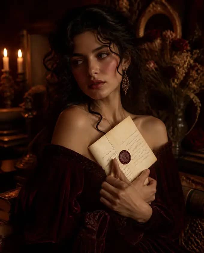 A woman with dark curly hair holds a letter sealed with burgundy wax close to her chest