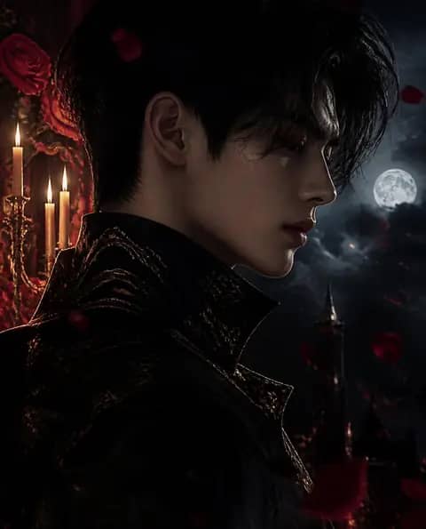 Side profile of a young man in a high-collared black coat, lit by candlelight and moonlight